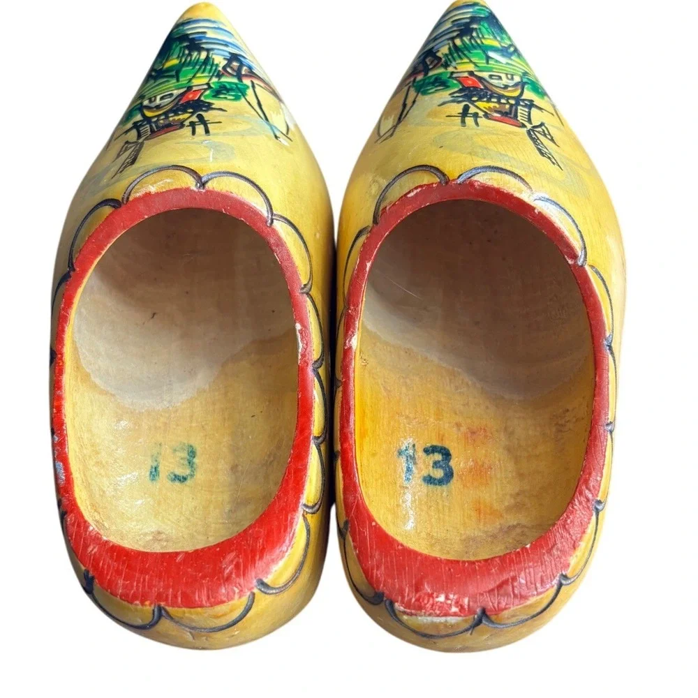 Yellow Wooden‎ Clogs Dutch Holland Windmill Scene Hand Painted Souvenir Shoes